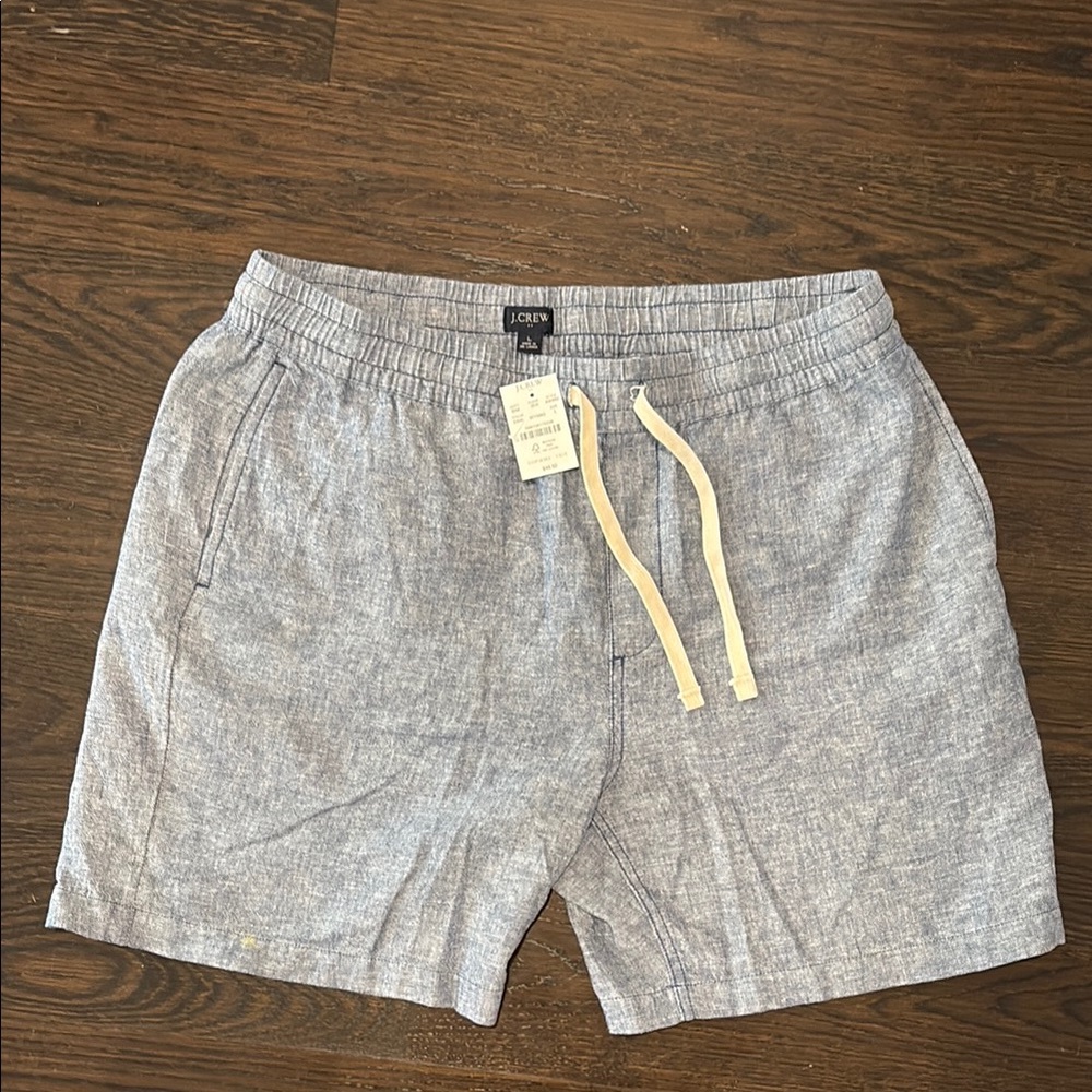 J. Crew Heather Blue Linen Shorts with Cream Tie